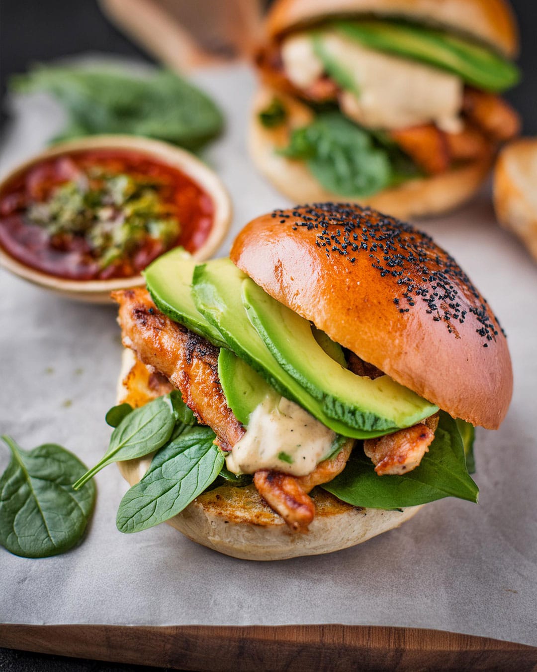 Cajun spiced chicken burgers with bacon, cheese and avocado