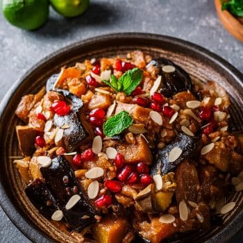 Persian aubergine stew with dried black limes