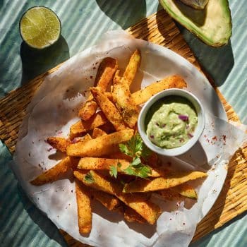Spicy sweet potato fries and avocado dip